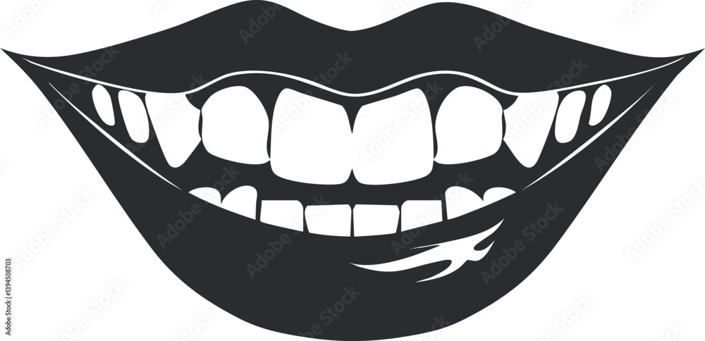 Black and white illustration of a smiling mouth with visible teeth in a stylized design. Black and white illustration of a smiling mouth with visible teeth in a stylized design.