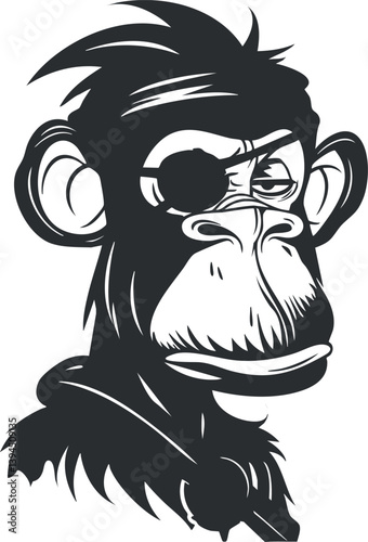 Black and white cartoon monkey with eyepatch in a stylized, expressive illustration.