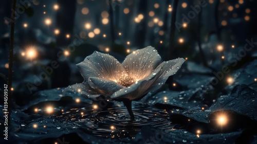 A single flower with a radiant glow sits in a tranquil body of water, surrounded by a forest of twinkling lights.