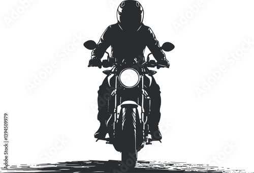 Silhouette of a motorcycle rider wearing a helmet, captured in a dynamic black and white illustration.