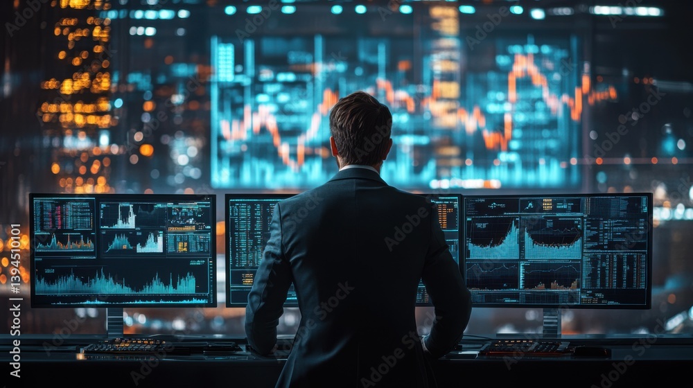 A professional analyzing market data on multiple screens in a modern office setting, surrounded by vibrant city lights and digital graphs. A professional analyzing market data on multiple screens in a modern office setting, surrounded by vibrant city lights and digital graphs.