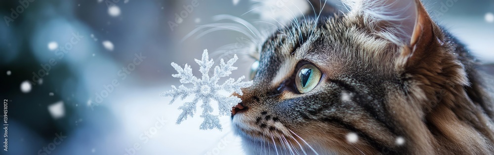 Cat with Snowflake on Nose - Close-up of a Pet in a Wintery Setting Cat with Snowflake on Nose - Close-up of a Pet in a Wintery Setting