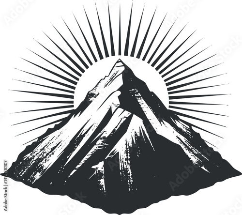 Stylized black and white mountain silhouette with sun rays, symbolizing nature and adventure.