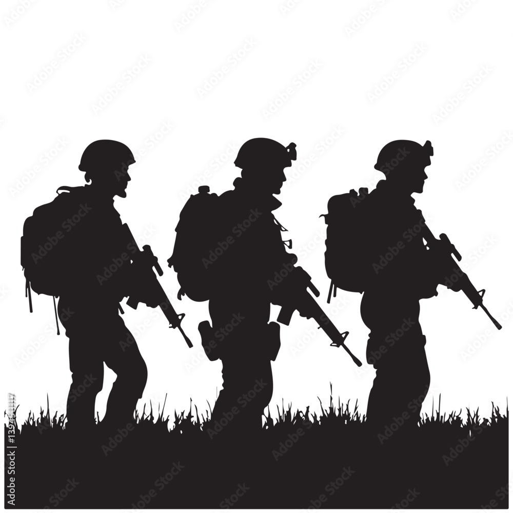 Naklejka premium Soldiers Silhouette Military Team on Patrol Vector Art.