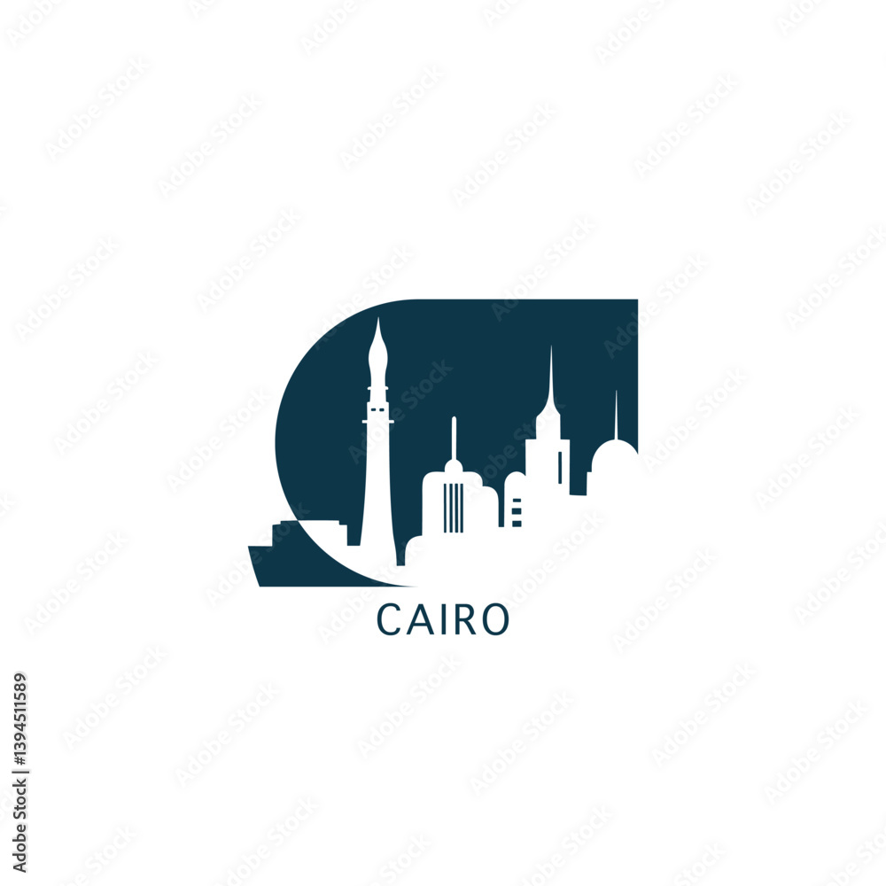 Fototapeta premium Cairo vector icon with skyline, panoramic view, city shape. Egypt landmarks logo concept. Blue flat isolated graphic, badge
