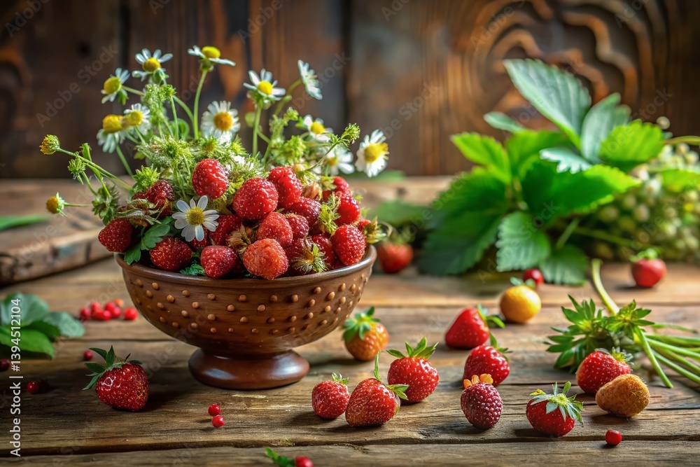 A Delicate Forest Still Life Wild Strawberries and Summer Blooms in a Rustic Setting