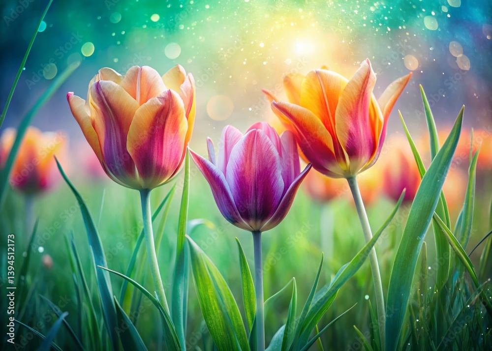 Double Exposure of Vibrant Wild Tulips in Spring Meadow A Stunning Display of Spring Flowers in a Grassy
