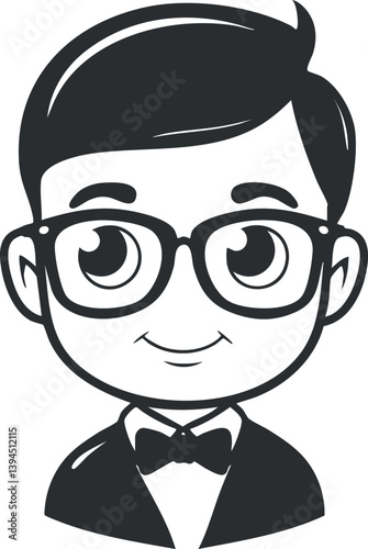 Black and white cartoon avatar of a man with glasses, wearing a suit and bowtie.