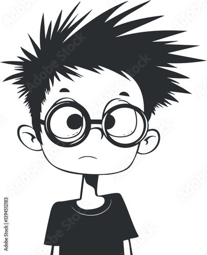 Monochrome cartoon illustration of a young character with spiky hair and glasses.