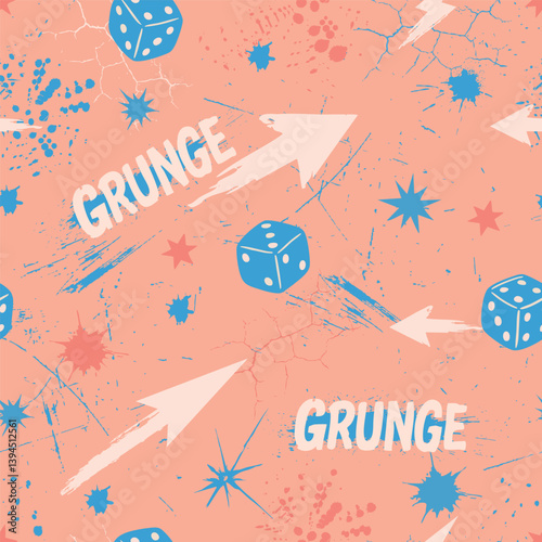 Seamless digital vector pattern with grunge texture, arrows, dice, stars and typography. Trendy design in peach fuzz and blue for boys streetwear and youth fashion.