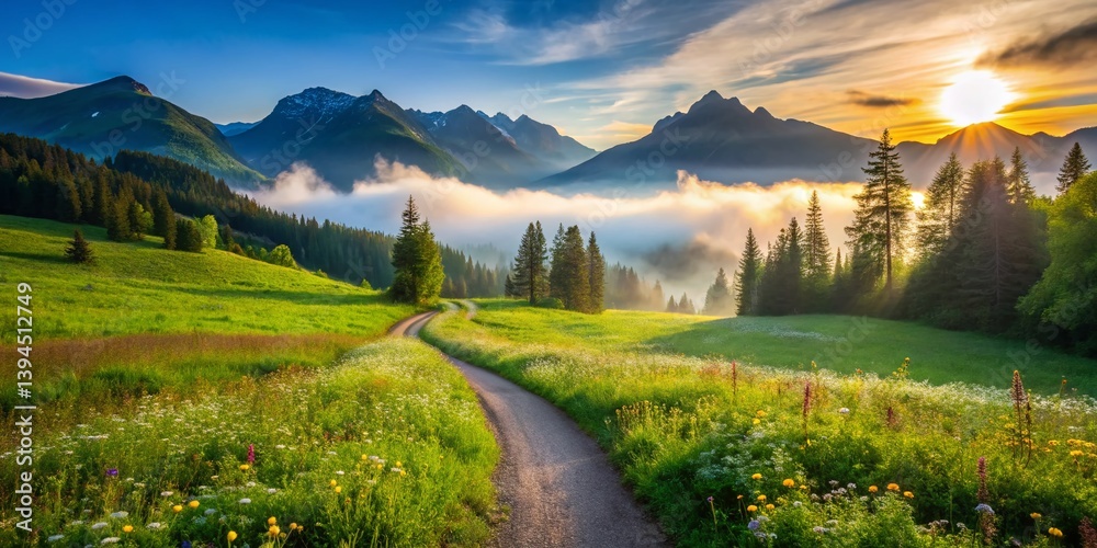 Misty Mountain Majesty A Winding Dirt Path Through a Lush Meadow to a Breathtaking Alpine Scene