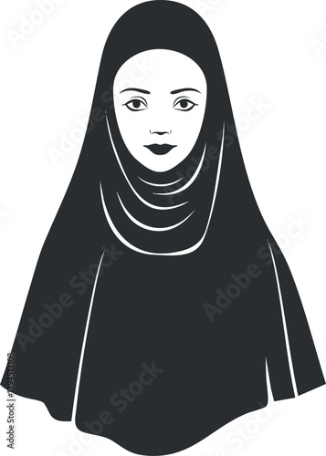 Monochrome illustration of a woman wearing a hijab, showcasing elegance and cultural identity.