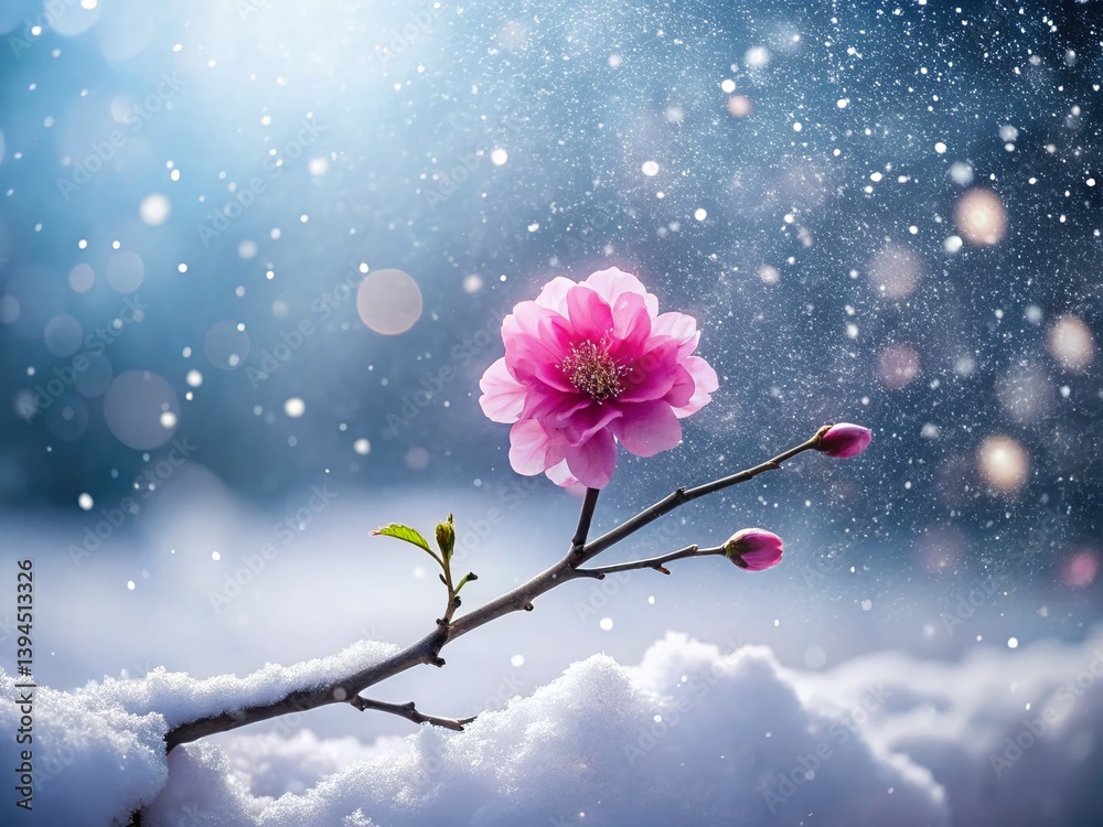 Enchanting Pink Flower Silhouette Against a Winter Wonderland of Falling Snow A Captivating Image of Winter Bloom