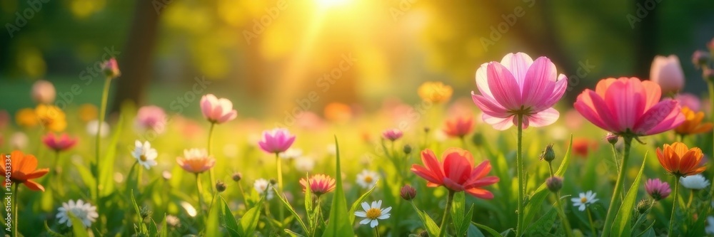 Vibrant blooms, sun-drenched meadow, lush greenery, bloom, leaves, colorful Vibrant blooms, sun-drenched meadow, lush greenery, bloom, leaves, colorful