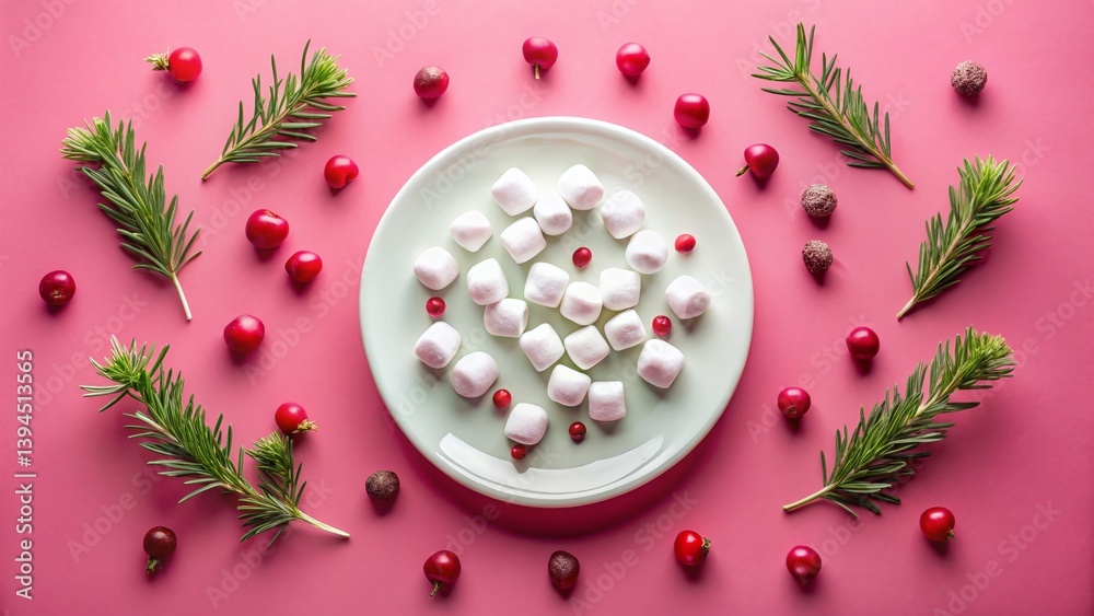 Festive Winter Dessert Display Empty Plate Marshmallows Cranberries and Rosemary A Cozy Flat Lay for the Season