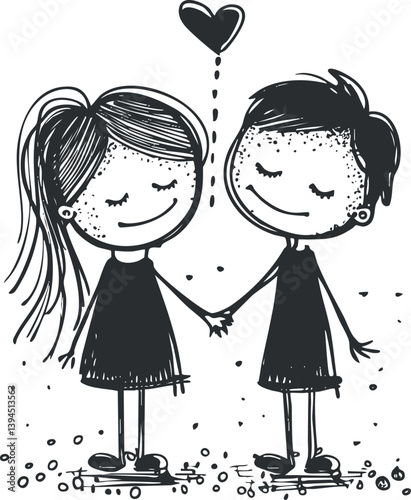 Cute cartoon illustration of two children holding hands with a heart symbol above.