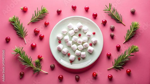 Obraz na płótnie Festive Winter Dessert Display Empty Plate Marshmallows Cranberries and Rosemary A Cozy Flat Lay for the Season w salonie