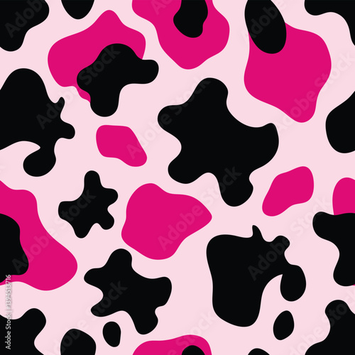  a seamless cow print pattern with a light pink background. The cow spots should be bold and black with bright hot pink, and blue ,  animal, art, background, black, bull, camouflage, cartoon, cow
