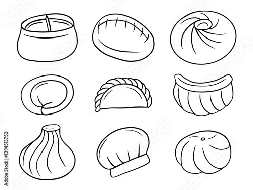 Set of dish with dough and meat in sketch style. Chinese dumplings, gyoza, vareniki, khinkali, dim sum and manti doodle set