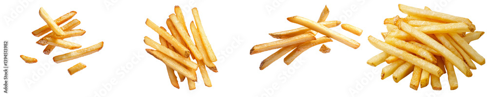 Crisp and golden french fries in various minimalist arrangements on a clean white surface Crisp and golden french fries in various minimalist arrangements on a clean white surface