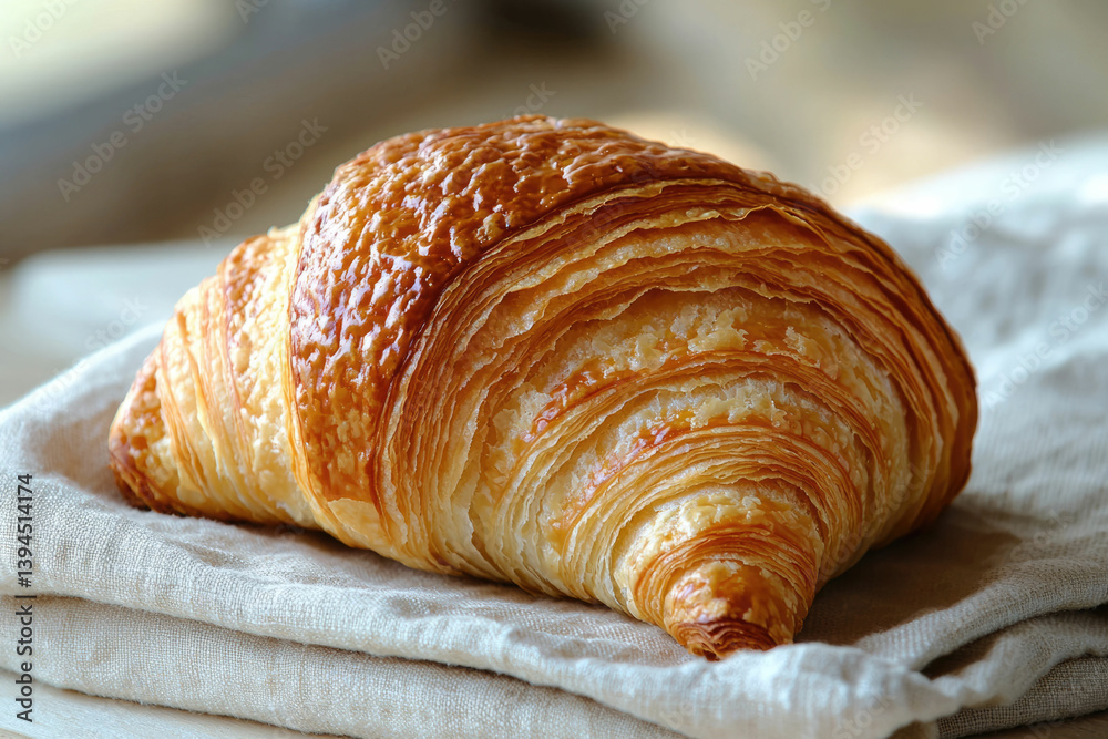 A golden-brown, flaky croissant rests elegantly on a soft linen cloth, inviting a delicious, buttery bite. A golden-brown, flaky croissant rests elegantly on a soft linen cloth, inviting a delicious, buttery bite.