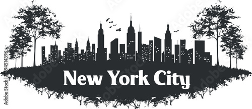 Silhouette of New York City skyline with trees and birds in monochrome design.