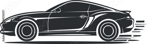 Stylized black and white silhouette of a sleek sports car in motion, side view.