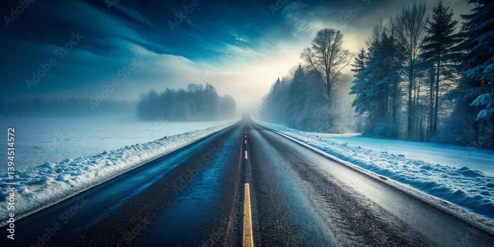 Frozen Winter Road A Detailed Look at SnowCovered Asphalt and Tire Tracks in a Frigid Landscape