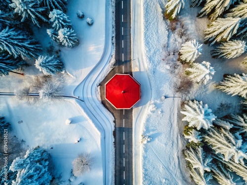 Aerial View of a SnowCovered Highway with a Stop Sign During Winter Stunning Winter Road Conditions