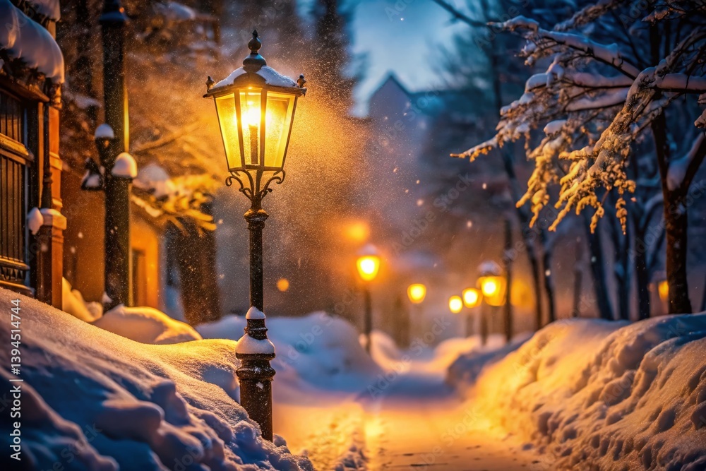 Enchanting Snowy Night Scene Winter Street Lamp Illuminates a Frosted Landscape Perfect for Holiday or Winter Theme