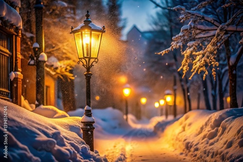 Obraz na płótnie Enchanting Snowy Night Scene Winter Street Lamp Illuminates a Frosted Landscape Perfect for Holiday or Winter Theme w salonie