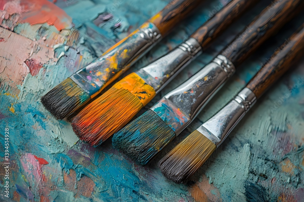 Fototapeta premium Close-Up of Paintbrush Blending Blue Acrylic Paint on Canvas, Artistic Texture and Creative Process