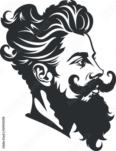 Black and white illustration of a bearded man in profile with a classic hairstyle.