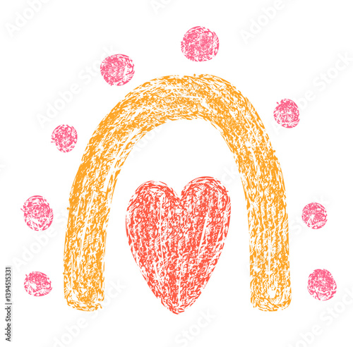 Cute rainbow and heart drawind with crayon brush texture effect. Vector childlike illustration