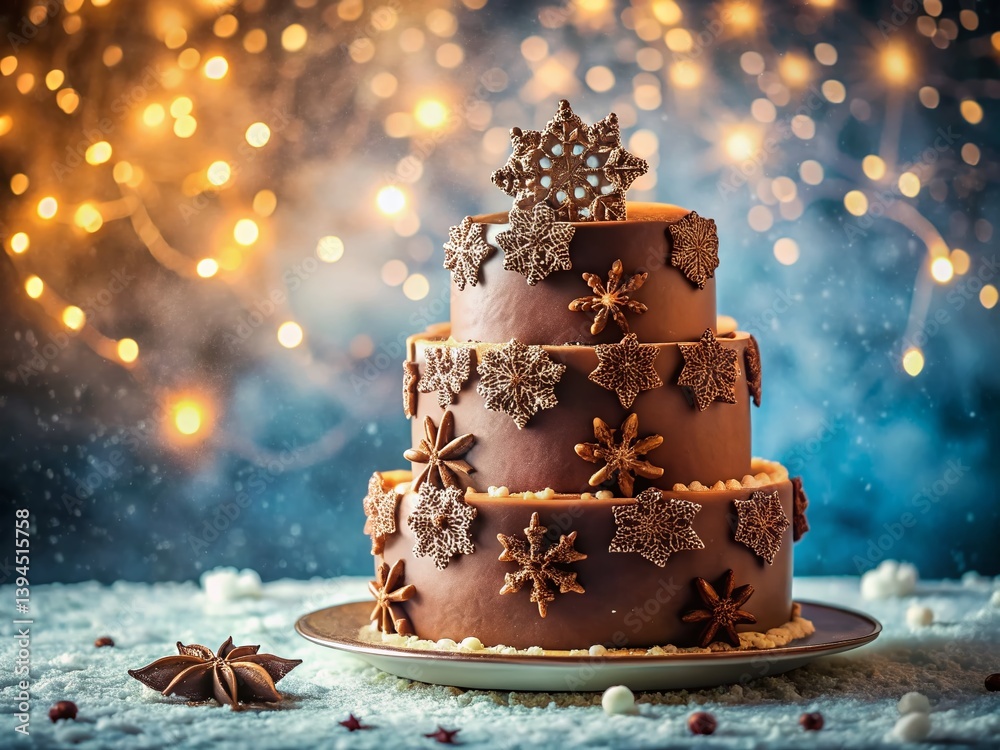 Exquisite Chocolate Snowflake Tiered Cake a Winter Wonderland Dessert Display