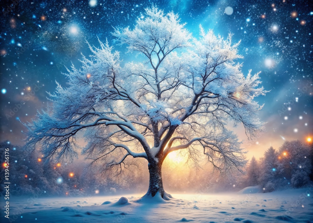 Enchanting Winter Wonderland Double Exposure of Snowflakes on a Branch Capturing the Magic of a Snowy Day