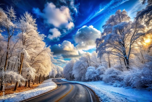 Enchanting Winter Wonderland A Serene Forest Road Meanders Through Frozen Deciduous Trees Painting a Picture of Winters
