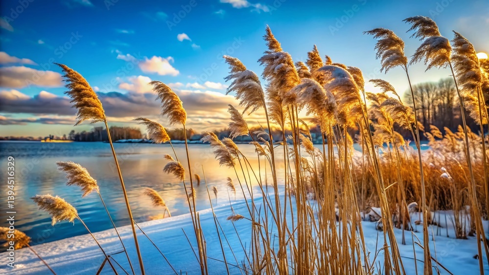 Frozen Lake in Winter Wonderland Swaying Reeds and Sparkling Ice Create a Magical Winter Scene