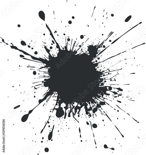 Abstract black ink splash with dynamic splatter pattern on white background.