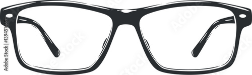 Illustration of a classic black frame eyeglasses with transparent lenses on a white background.