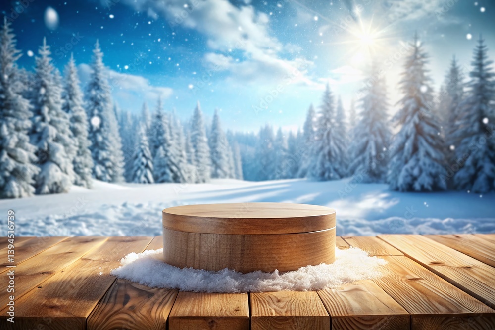 Stunning Snowy Wooden Podium Display A Winter Wonderland Setting for Product Photography