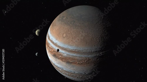 Jupiter in close-up. Rotation of the planet with satellites