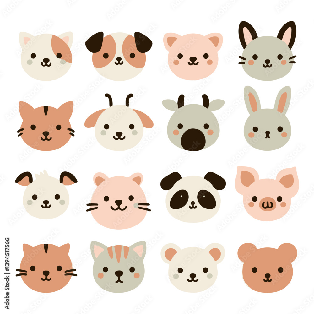 Cartoon collection of cute animals including a cat, dog, rabbit, bear, panda, lion, tiger, giraffe, cow, pig, and baby animals in a fun and playful style