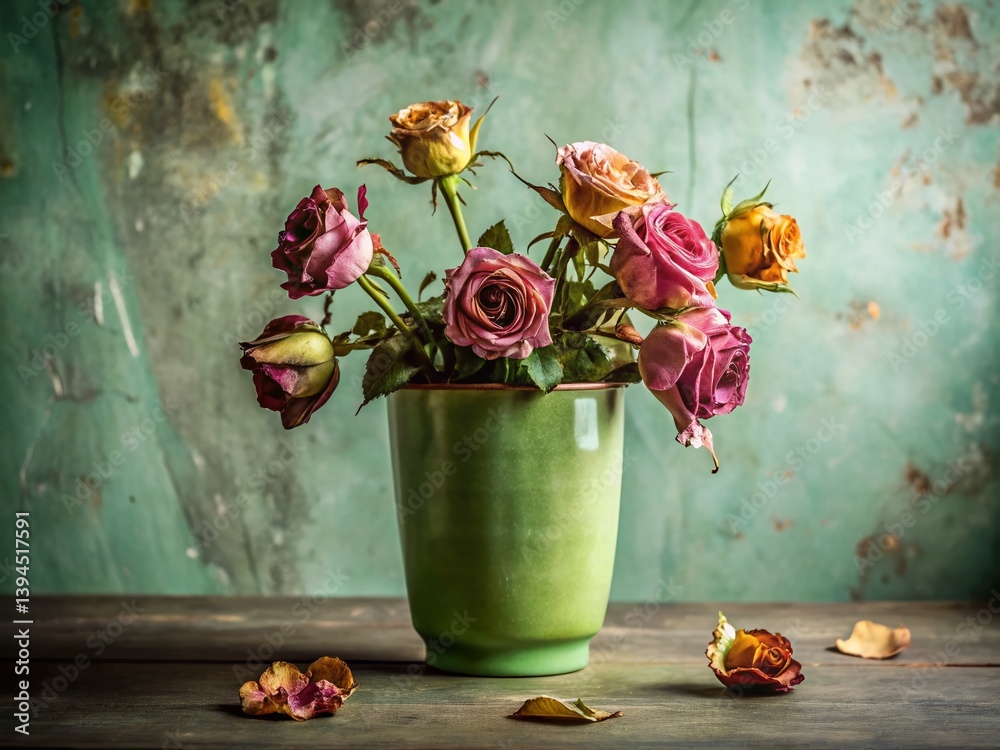 Faded Roses in a Green Vase A Still Life from Urban Exploration Capturing Nostalgia and Decay