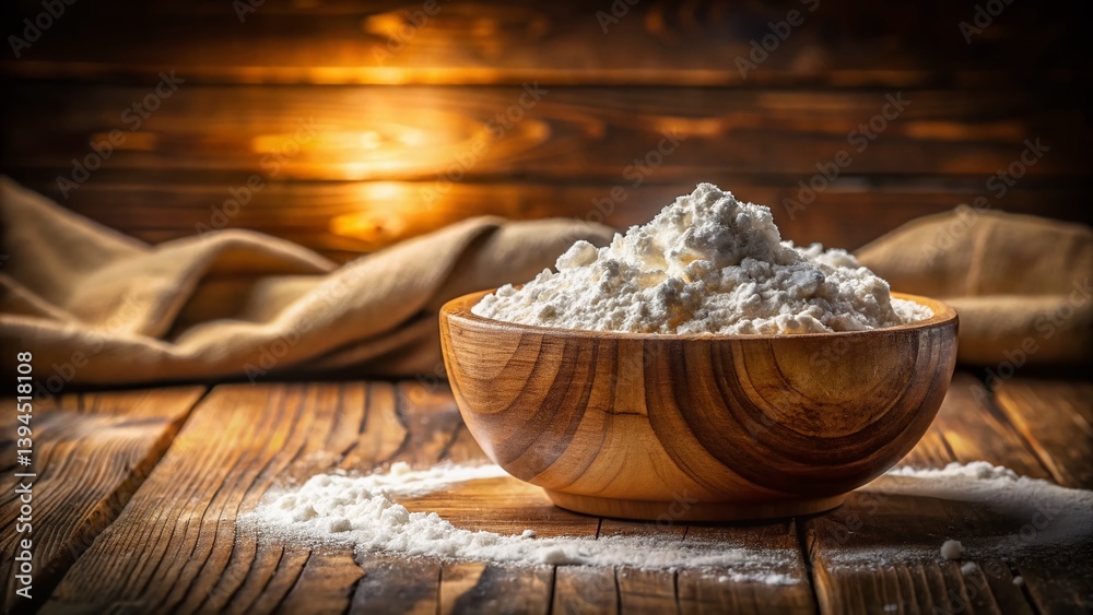 Rustic Wooden Bowl of Flour A CloseUp View of Culinary Essentials for Baking and Cooking