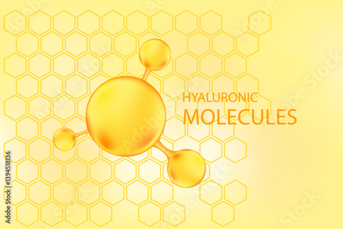 Gold honey serum, collagen molecule peptide or hyaluronic acid. Vitamin solution complex with honeycomb texture. Yellow glowing watercolor gradient background for beauty treatment, nutrition skin care