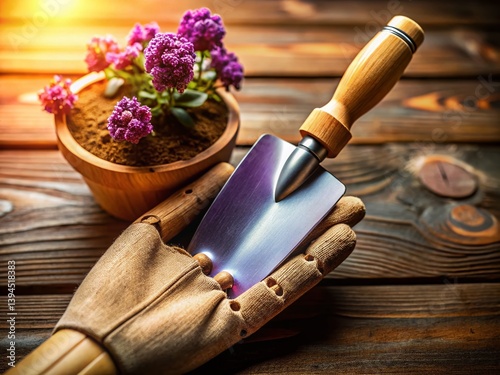 Closeup of a Wooden Hand Model for Gardening Featuring a Purple Trowel A Detailed Macro Photography Exploration of