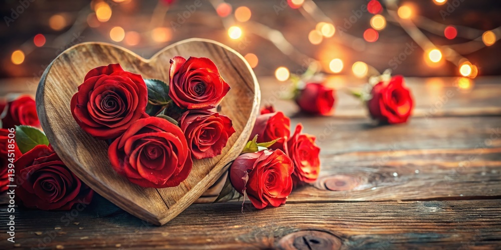 Rustic Charm A Wooden Heart Adorned with Roses a Romantic Still Life