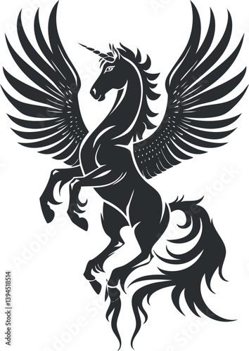 Silhouette of a winged unicorn rearing, showcasing its horn and majestic wings.