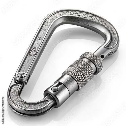 Durable stainless steel carabiner for climbing against white background  